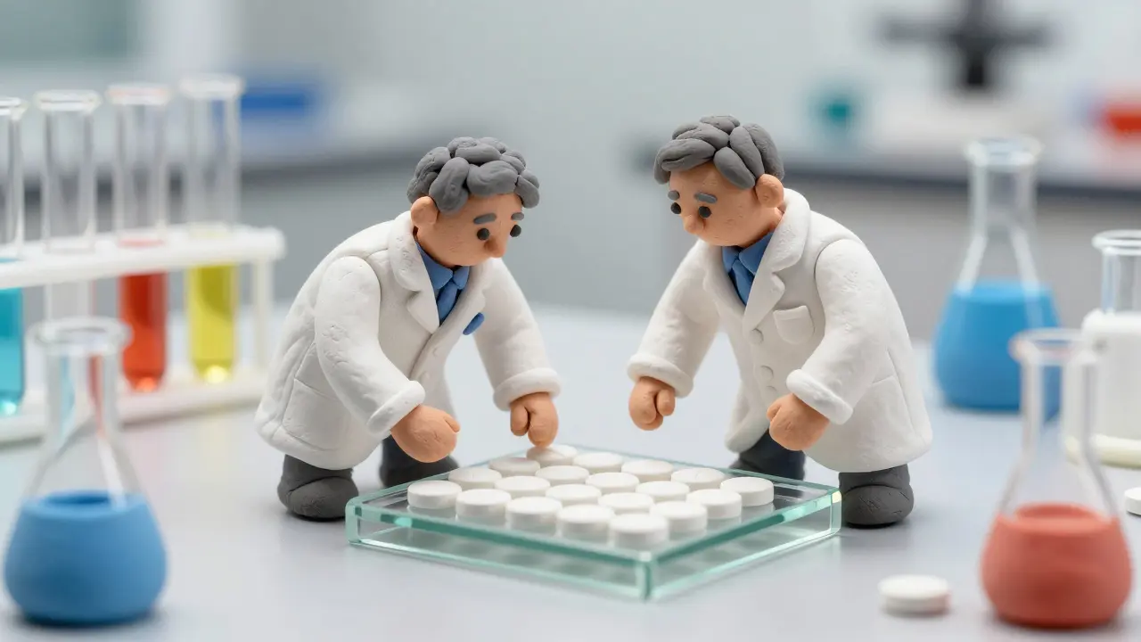 Clay figures of lab technicians inspecting rows of white tablet pills closely.