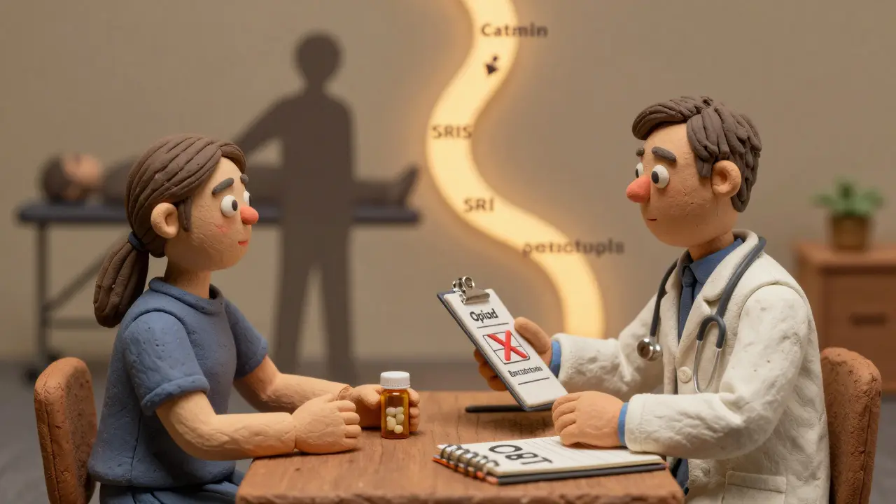 Doctor and patient at a table with a red X over opioid and benzodiazepine prescriptions, in clay style.