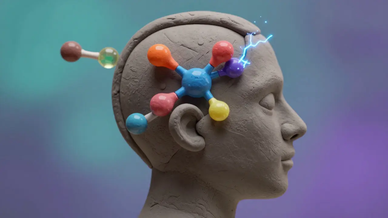 Stylized illustration of brain neurons and serotonin molecules sparking