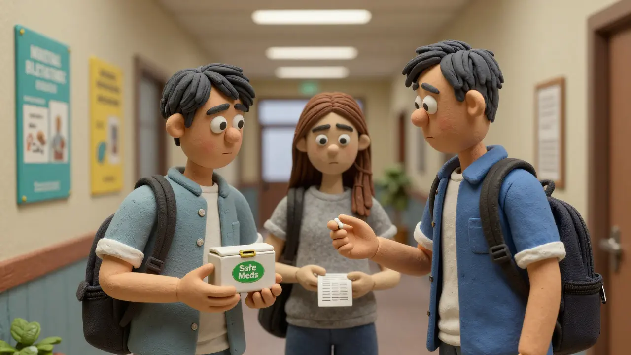 Three students in a campus hallway interact around a locked pill box and a disposal kiosk receipt, one offering a pill.