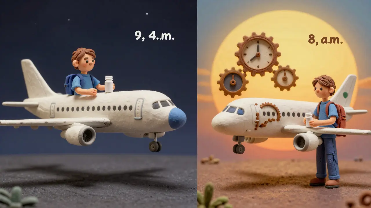 Travelers adjusting to jet lag: one taking melatonin at night flying east, another in morning flying west.