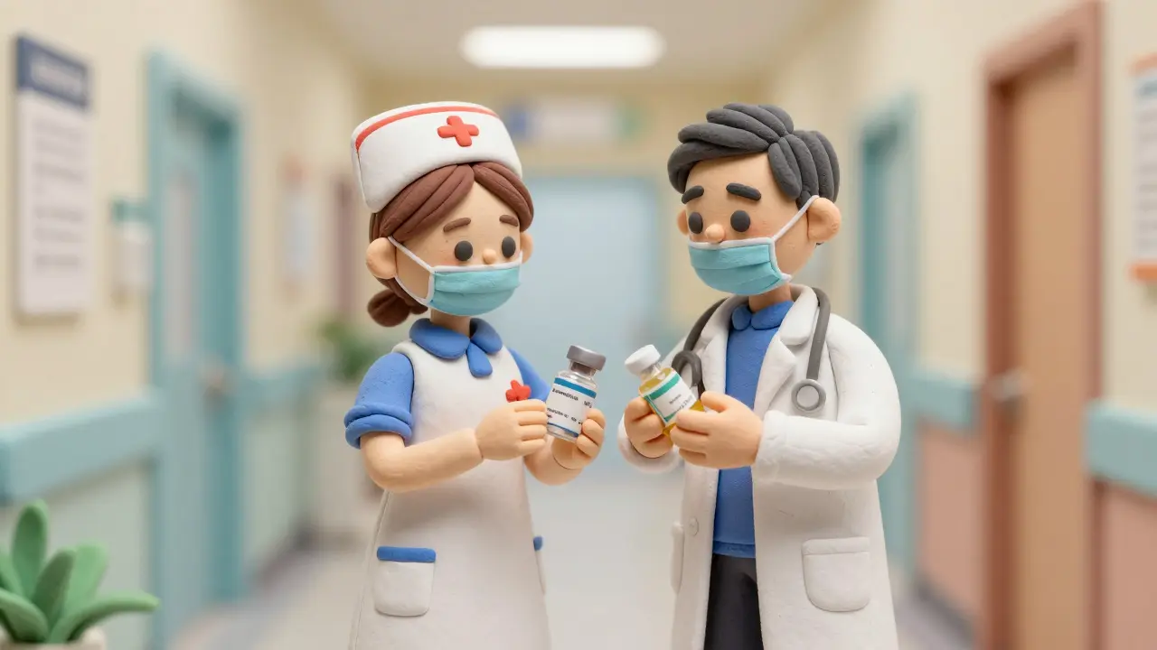 A nurse and pharmacist verifying medication together in a clay illustration.