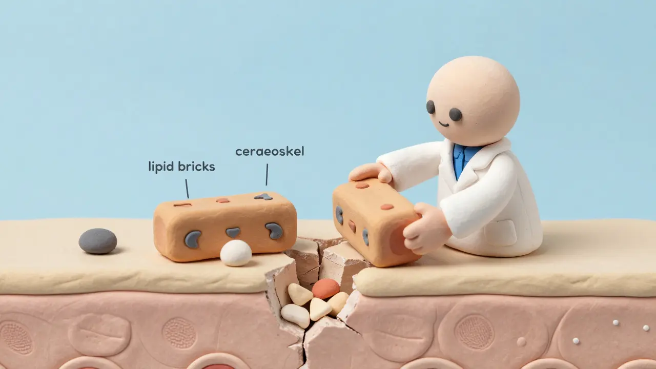 A small clay scientist repairing a broken clay wall with lipid bricks to represent skin barrier restoration.
