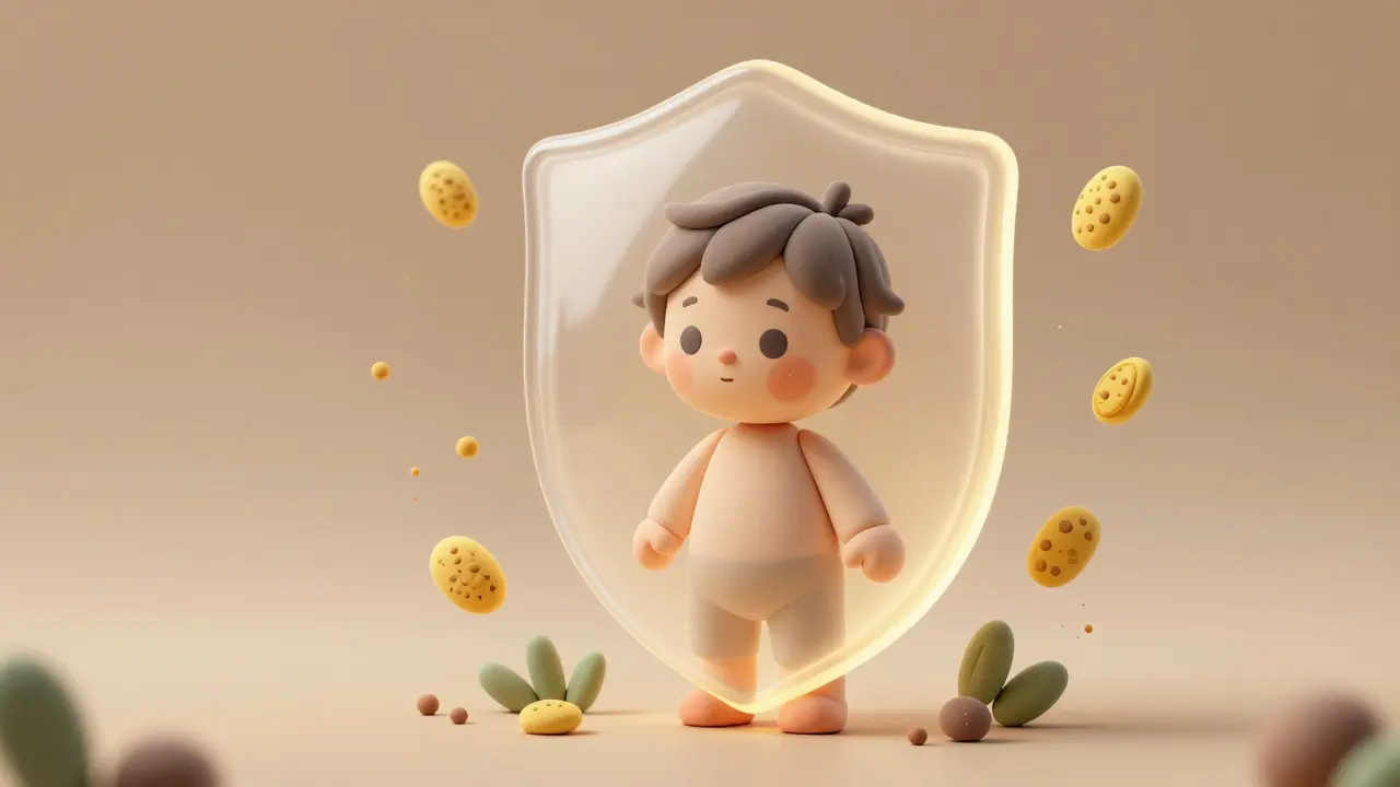 Child protected by a smooth cream shield from floating allergen particles.