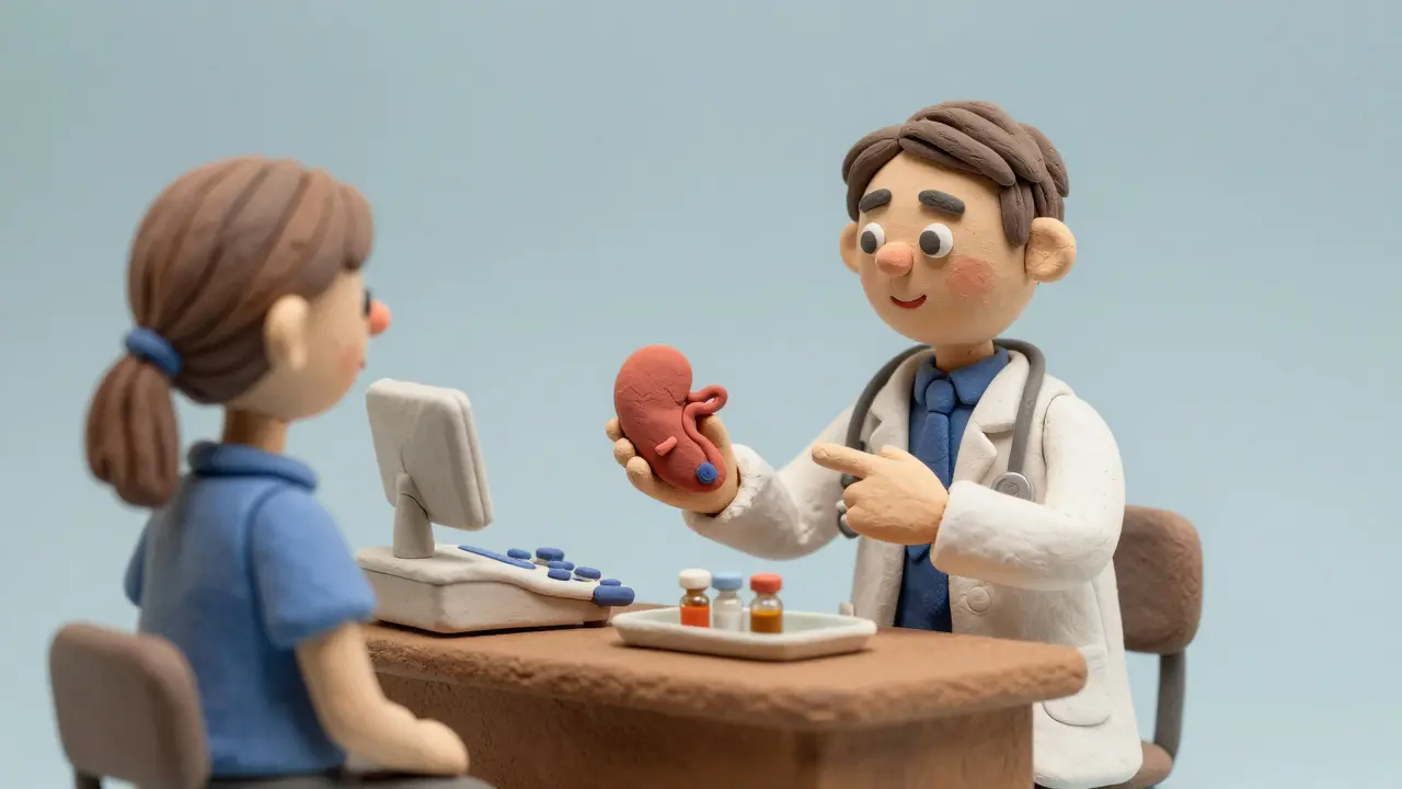 Clay doctor and patient discussing pancreatic health with a model