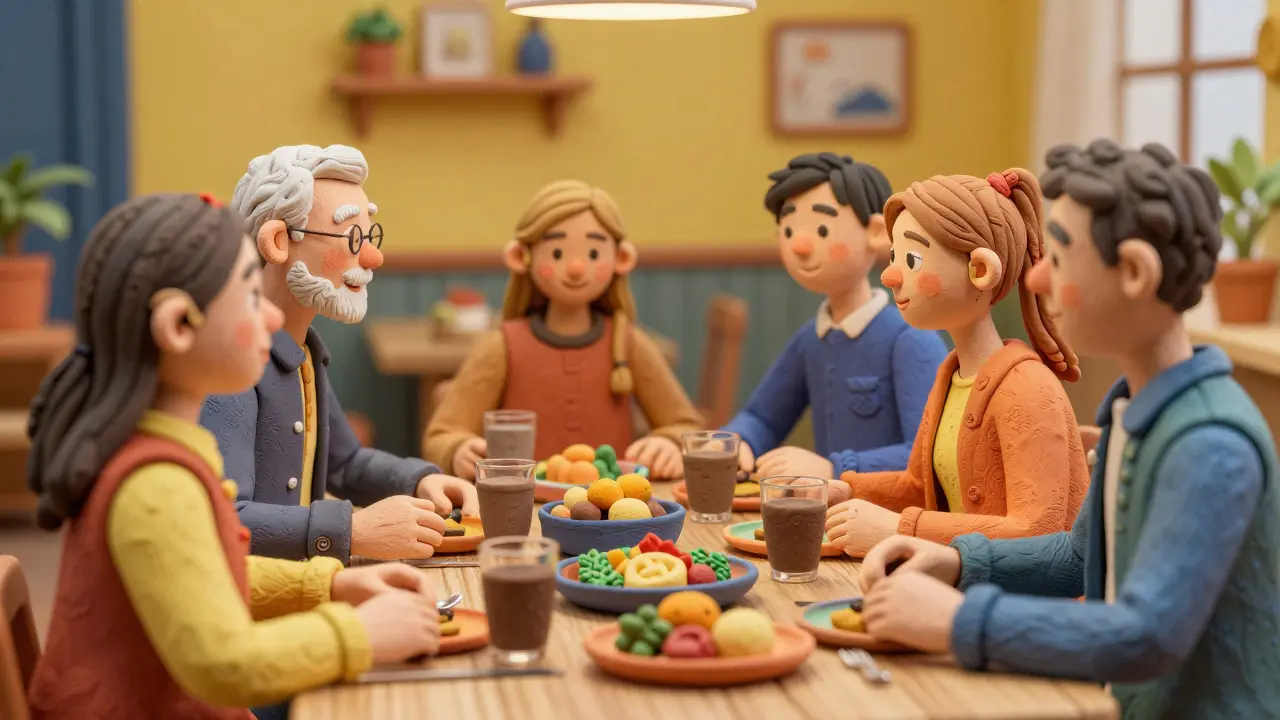 Clay figures of diverse people happily conversing at a dinner table with cochlear implants.