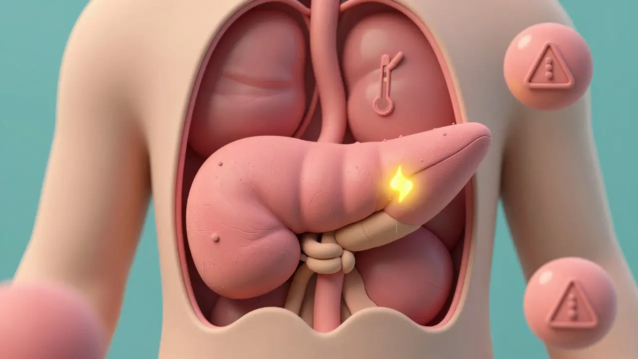 Clay illustration of a pancreas with a highlighted area of inflammation
