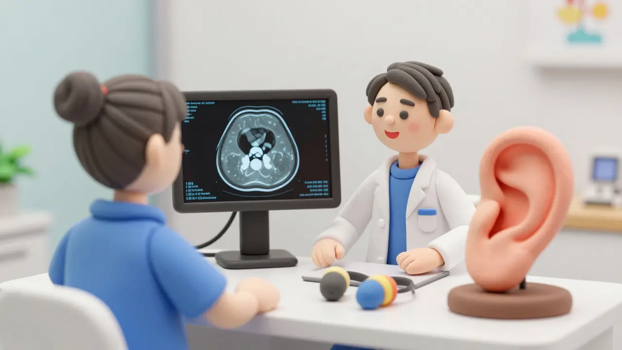 Clay illustration of an audiologist and patient reviewing a cochlea CT scan.