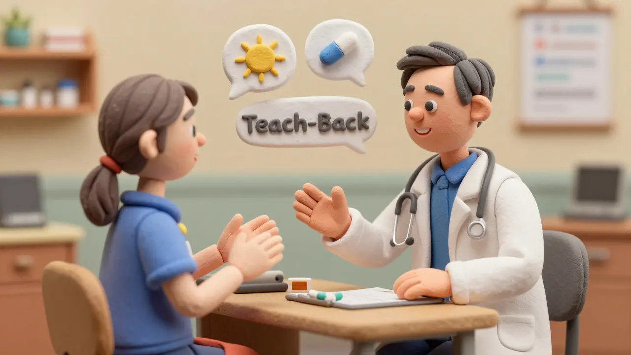 Clay rendering of a patient and doctor communicating using the teach-back method