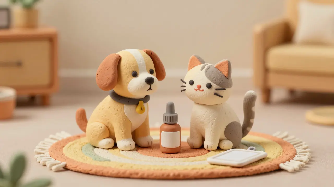 Clay sculptures of a dog and cat with veterinary medication nearby.
