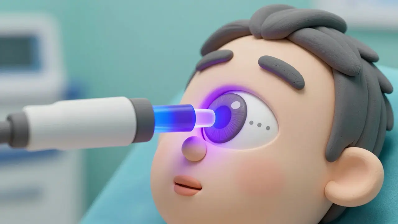 Clay style illustration of a corneal cross-linking procedure