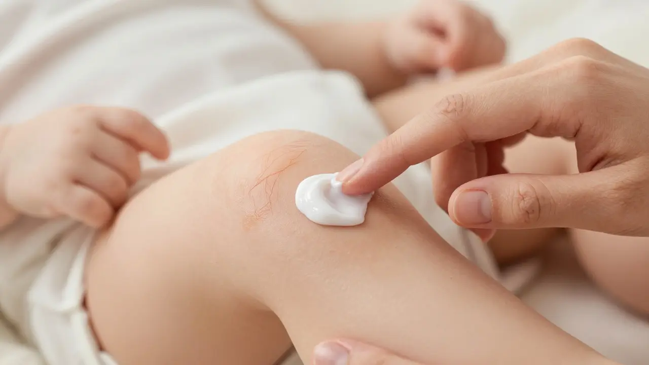 Parent applying moisturizer to baby's leg with clay character details.